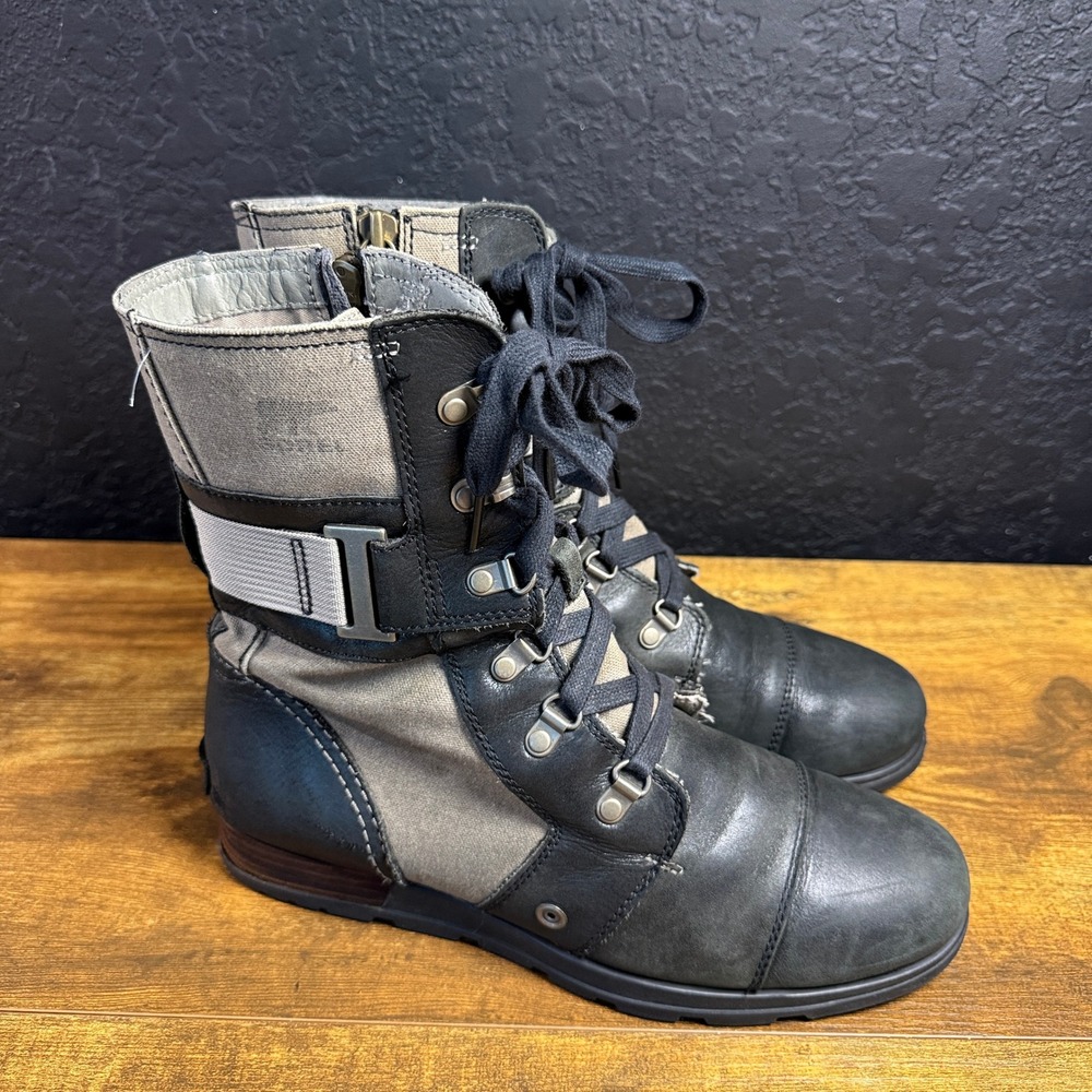 Sorel Major Carly NL2157-252 Black Canvas Leather Combat Boots Womens Size 10
